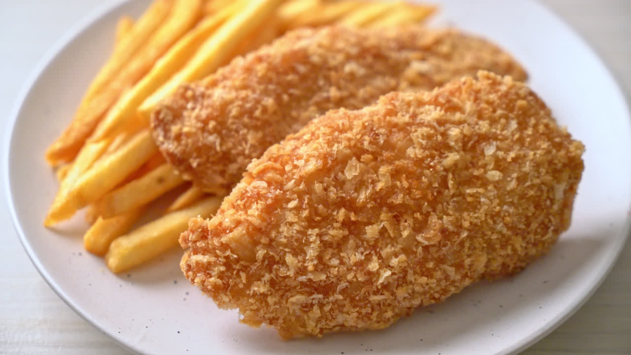 filete de pechuga de pollo frito con papas fritas y ketchup