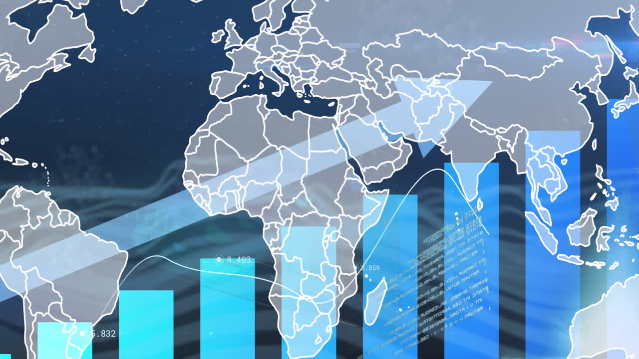 Animation de statistiques et de traitement de données superposée à une carte du monde