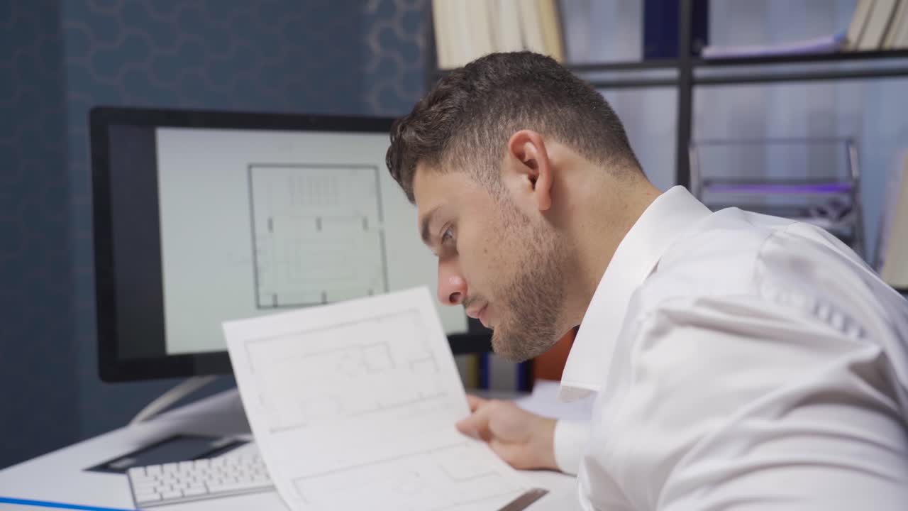 renovación del interior del hogar, el diseñador de interiores mira los dibujos de perspectiva y hace planes.