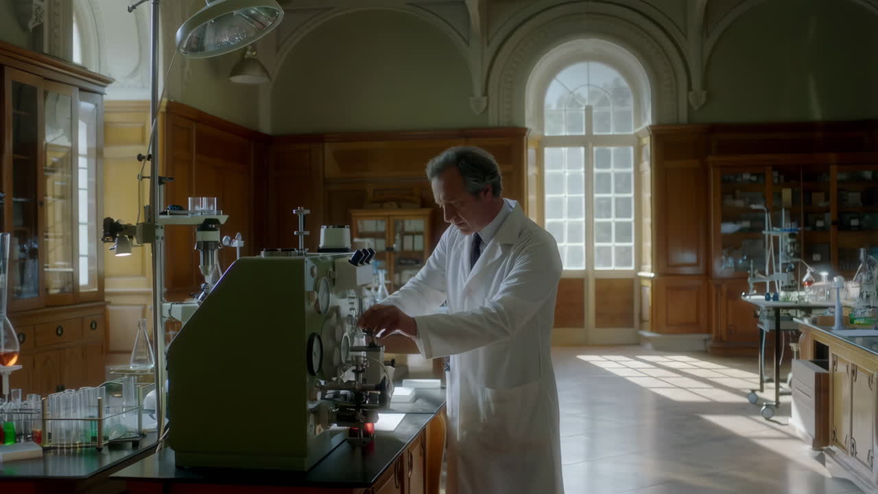 Scientist working in a historical laboratory
