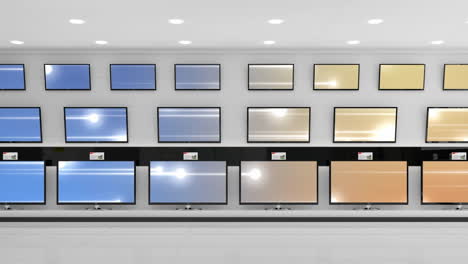 animation of rows of television sets with glowing blue and orange screens in store