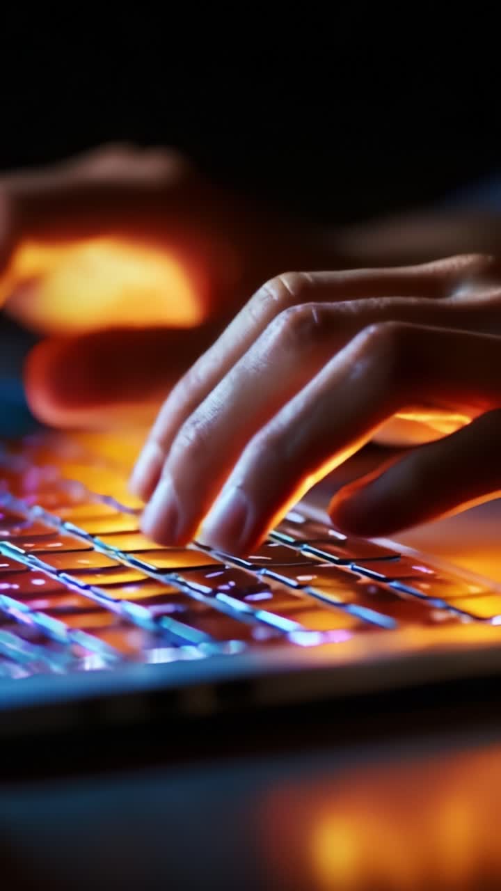 Close-up of illuminated keyboard with hands typing, showcasing the vivid colors and modern technology in use during a late-night digital session