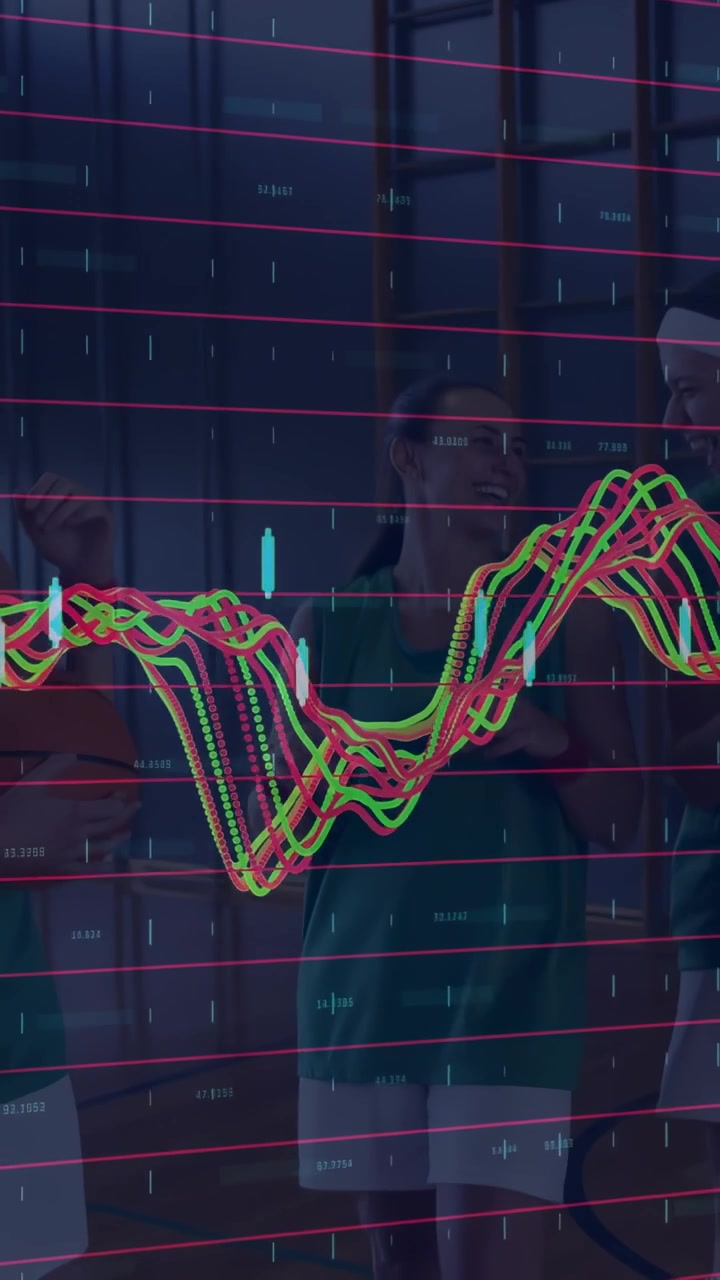 Three women watching gallery panel reflecting viewers starting waveform animation visualizing data