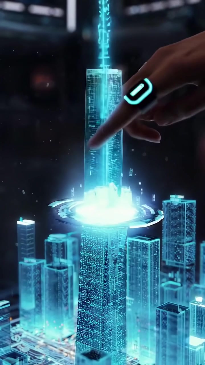 Person Interacting with a Futuristic Holographic City Model