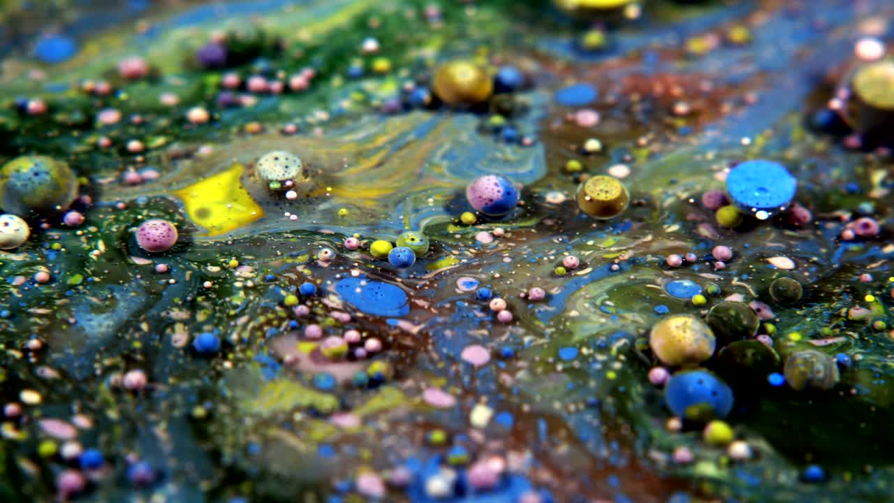 abstractas burbujas de acrílico colorido y pintura alimentaria en el agua