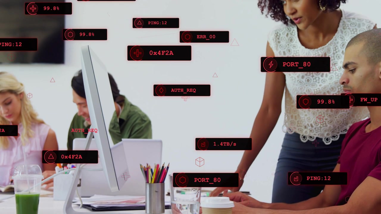 Pointing initiating standing woman guiding man, typing and diagnosing IT alerts with red overlays