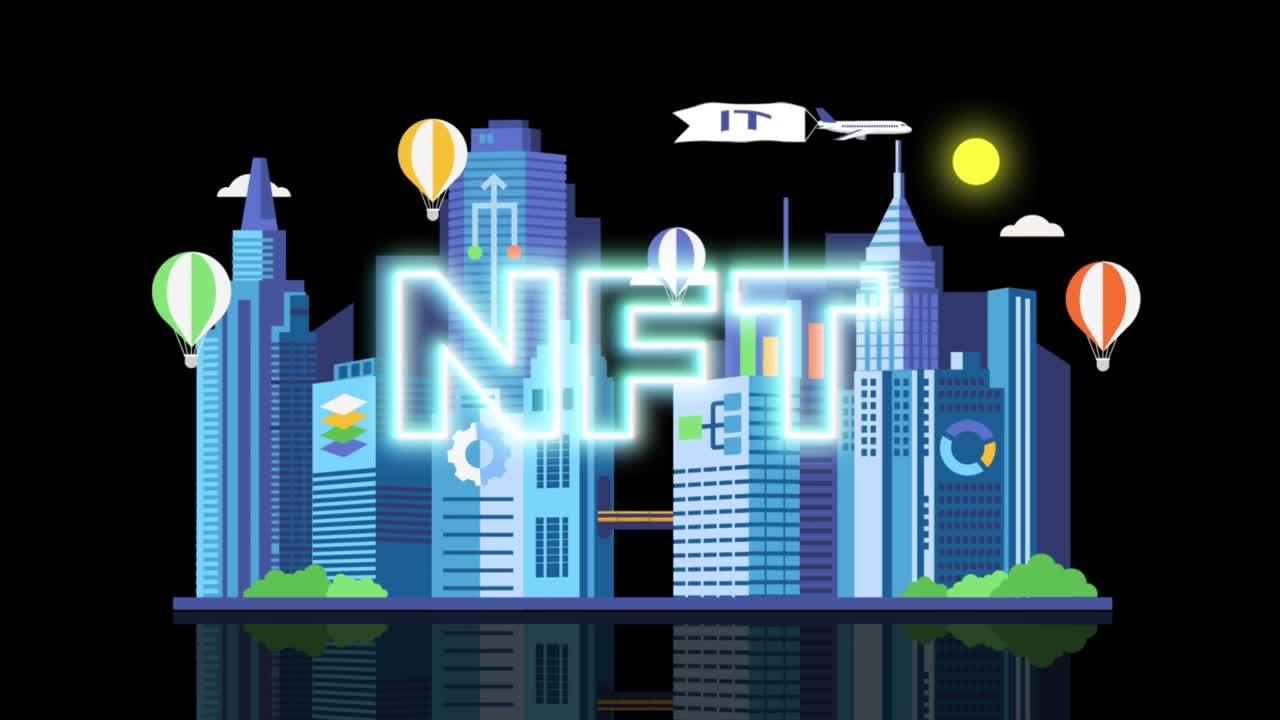 Neon NFT Inscription On Smart City Background. Information Technology City. NFT Metaverse Concept.