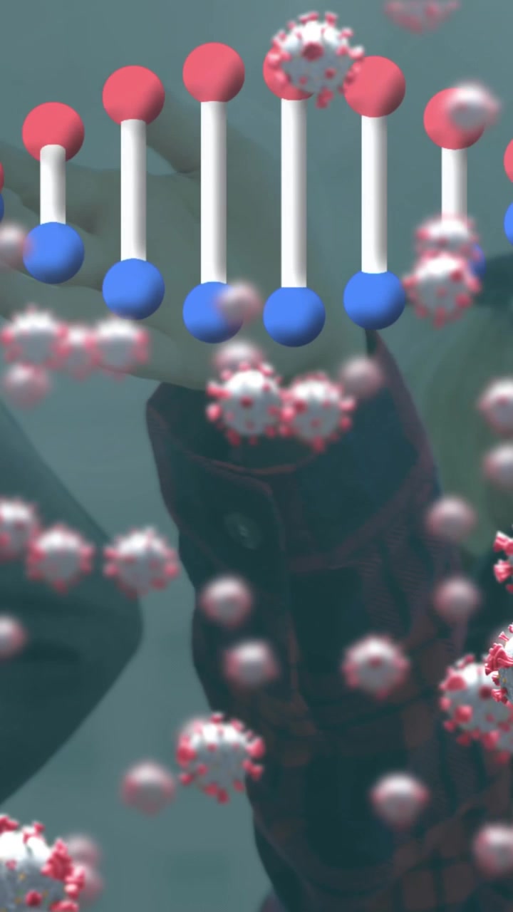 Animazione di cellule COVID fluttuanti su un filamento di DNA rotante.