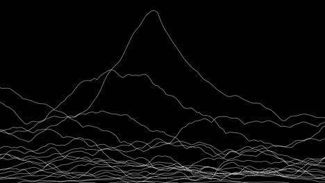 white lines forming distorted field visualization on black background. abstract cg animation, side view. 3d rendering.