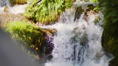 Close-up-small-waterfall-in-a-forest-with-moss-and-grass-around