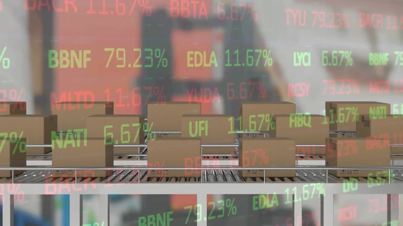 컨베이어 벨트에 있는 카드보드 상자 위에서 금융 데이터 처리의 애니메이션