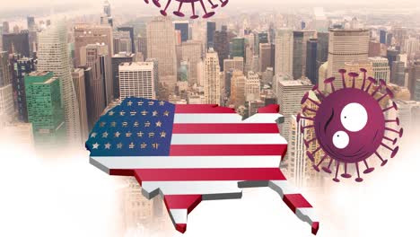 Animation-of-coronavirus-cells-over-usa-map-coloured-with-american-flag-on-cityscape-background