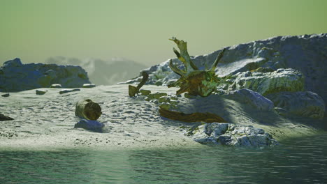 mysterious landscape with unique rock formations and calm water at dusk