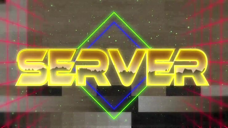 Al caricamento, visualizzazione della scritta SERVER che brilla in uno spazio a blocchi digitale, con diamanti al neon e particelle fluttuanti