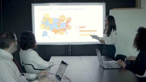 Young-businesswoman-explaining-data-and-pointing-to-charts