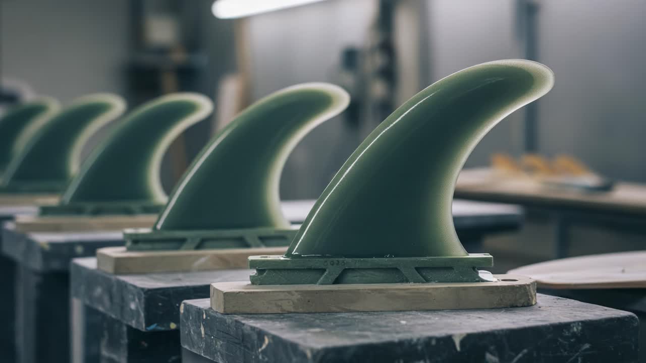 A Close-Up View of Fin Components in a Craft Workshop with Precision-Engineered Surfboard Accessories Ready for Assembly and Quality Check