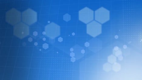 Animation-of-network-of-hexagons-flickering-over-grid-on-blue-background