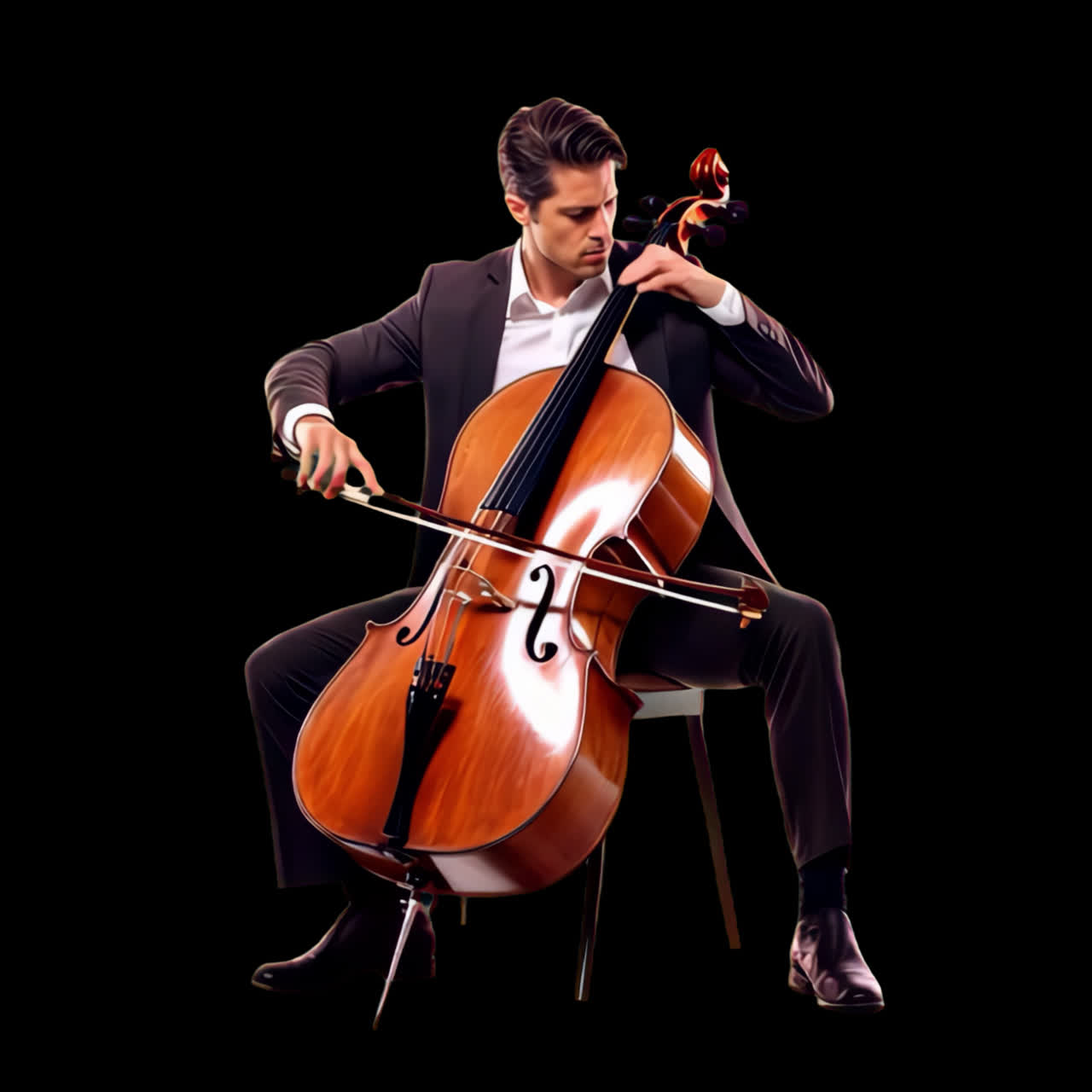 Elegant cellist performing passionately animation isolated asset, transparent 4K video, alpha