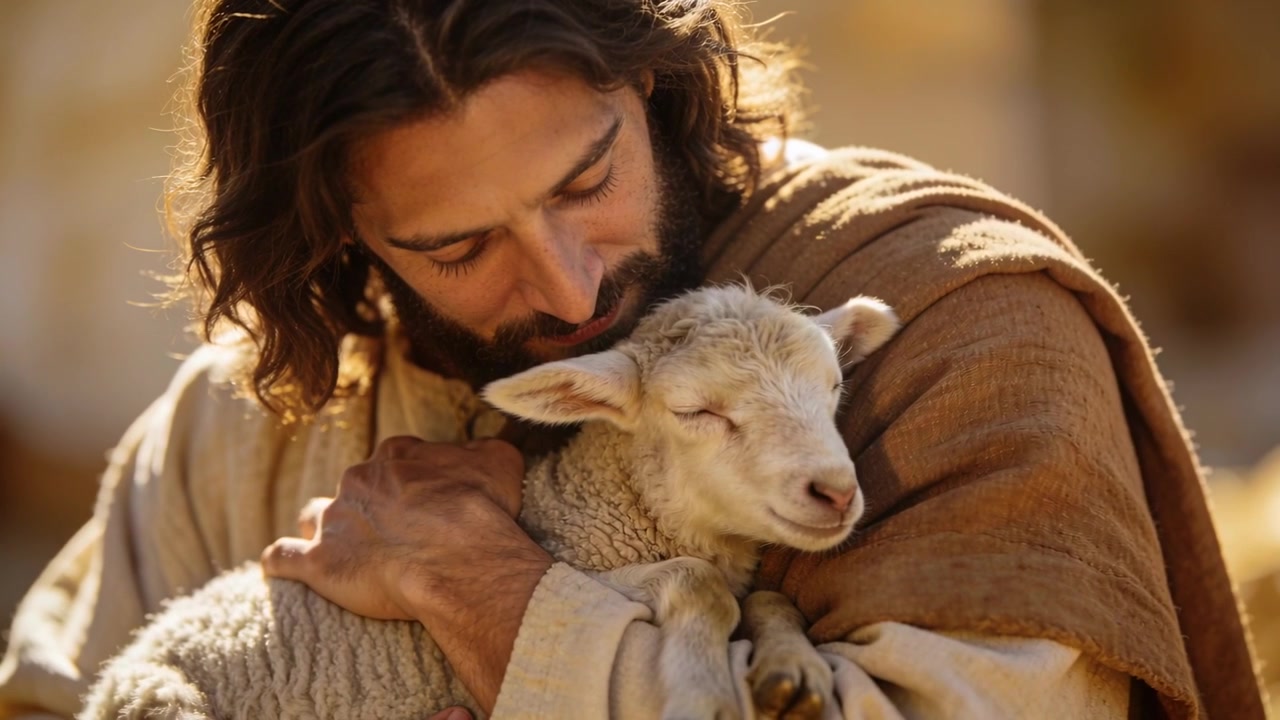 Un uomo barbuto con mantello culla un agnello, vedendolo sistemarsi e appoggiarsi, consolandolo in un campo caldo.
