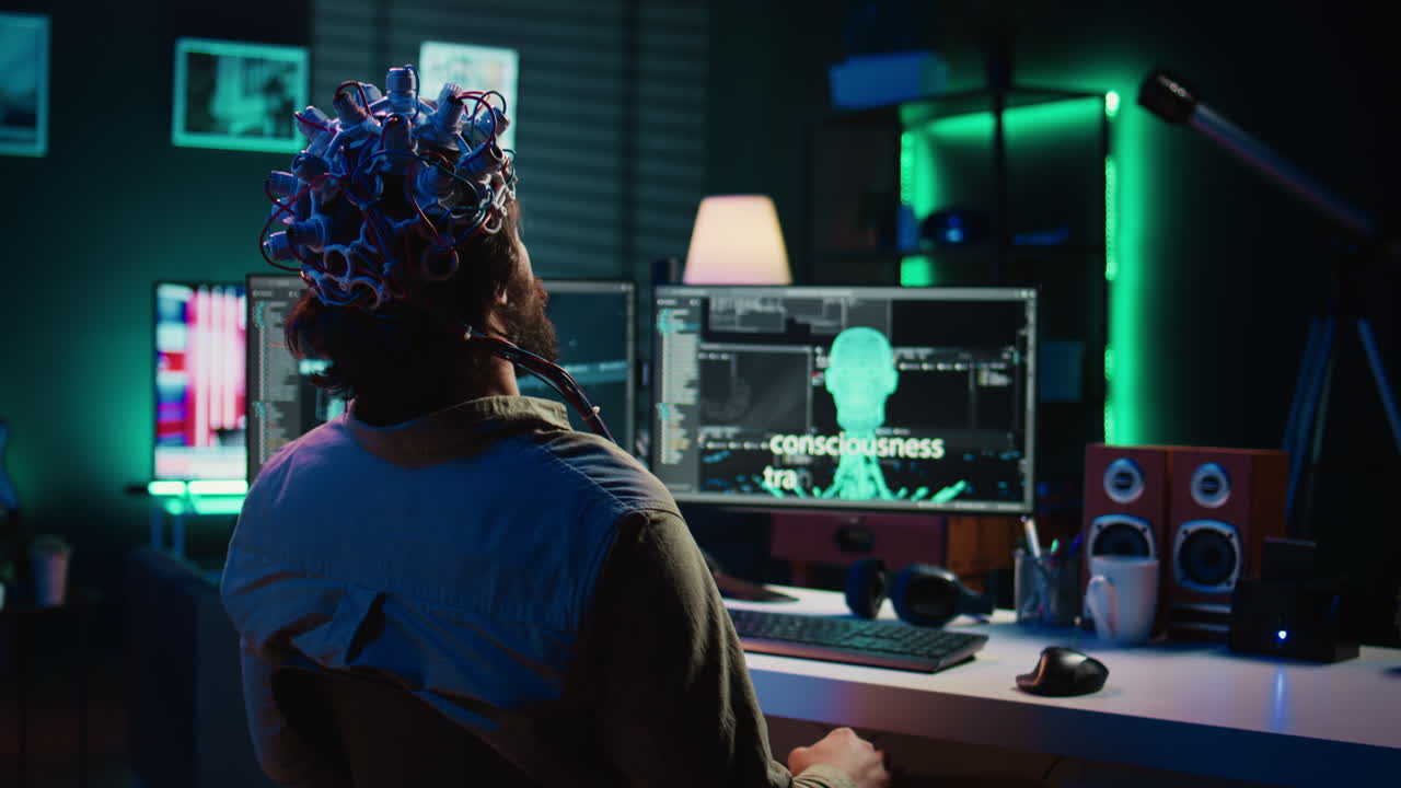 Engineer with EEG headset on merging with artificial intelligence