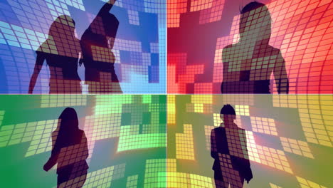 animation of four screens with diverse women dancing over blue, red, green and yellow lights