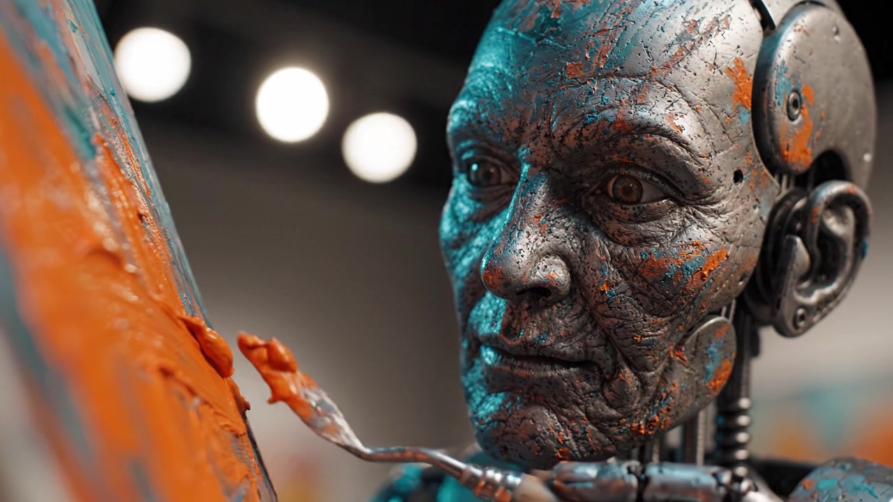 En sofistikerad humanoid robot målar noggrant ett levande och färgstarkt konstverk, som visar upp fusionen av teknik och kreativitet inom modern konst.