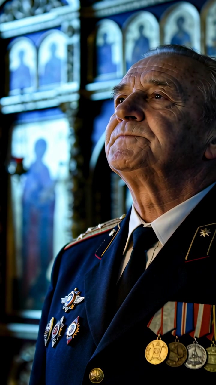 Video verticale: Anziano in uniforme che alza la testa, reagendo a una campana e riflettendo su icone e medaglie.