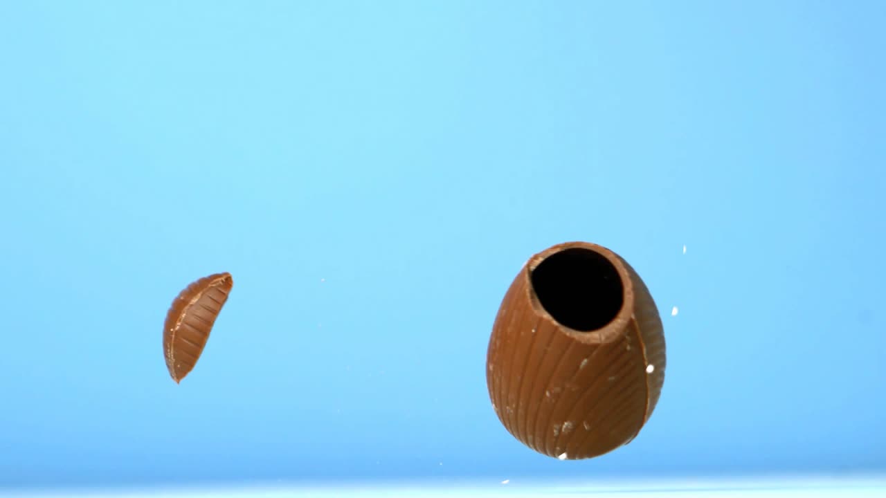 Milk chocolate egg rotating, splitting as dotted ring activating, revealing hollow ridged halves