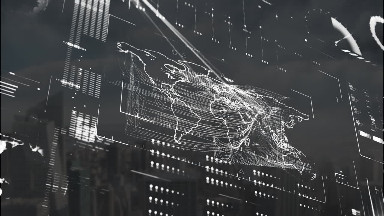 Animation of data processing over world map on black background