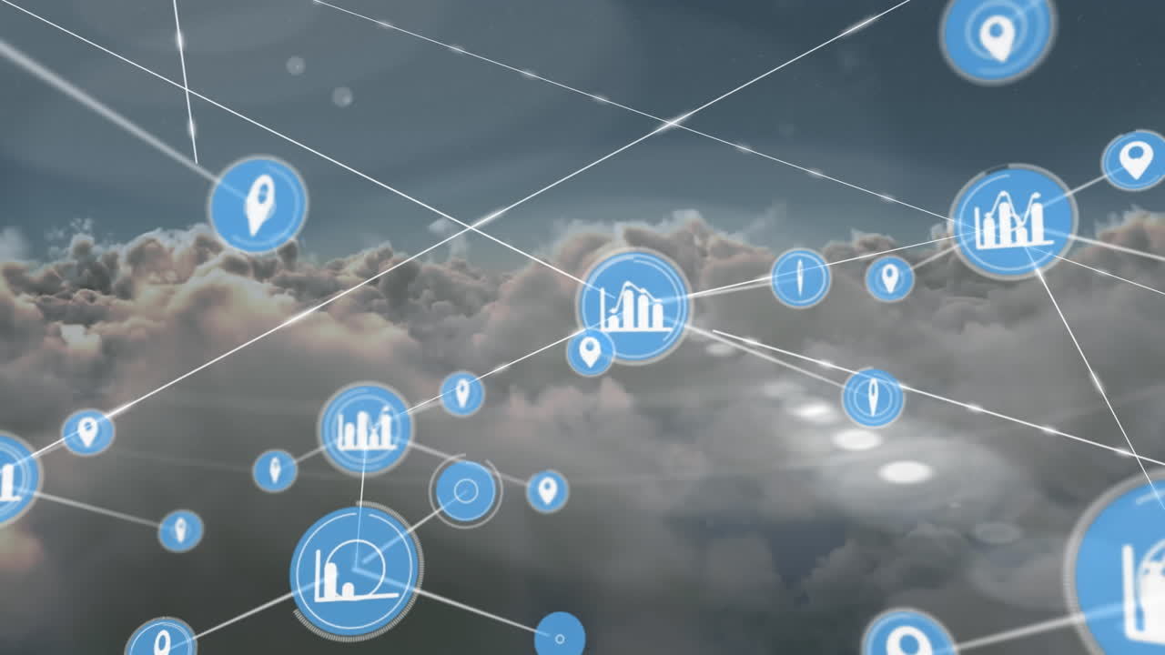 animación de una red de iconos digitales contra nubes oscuras en el cielo