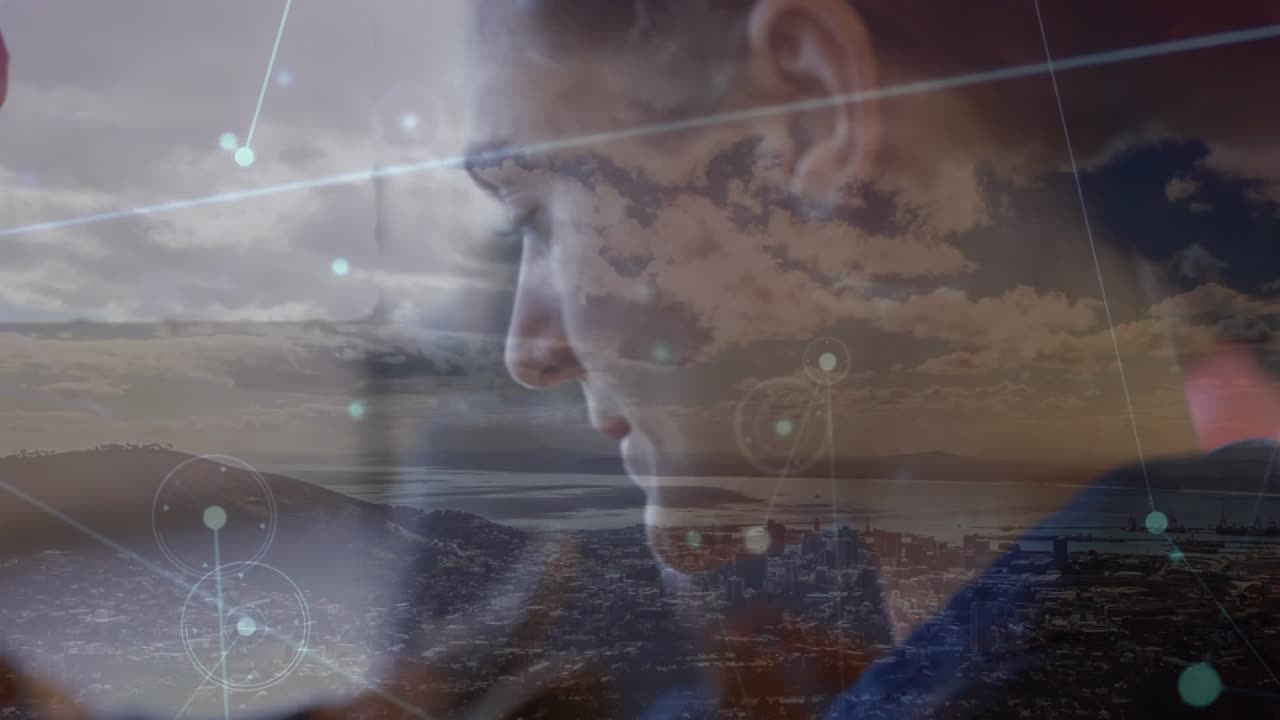 Animação de paisagem e redes sobre pessoas de negócios em um escritório.