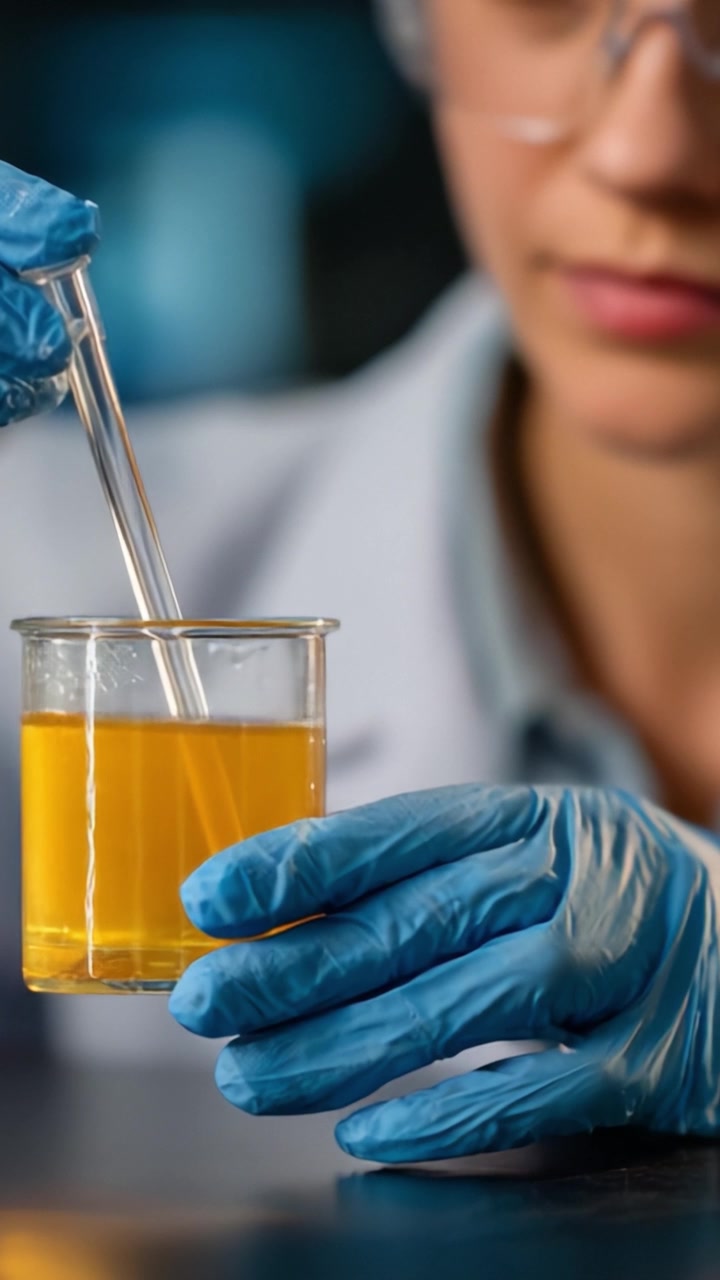 Scientist in Laboratory Conducts Experiment with Chemical Solution Using Pipette in Beaker, Focusing on Precision of Measurement and Observation Results