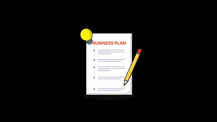 Documento animato di Business Plan con lampadina dell'idea e matita