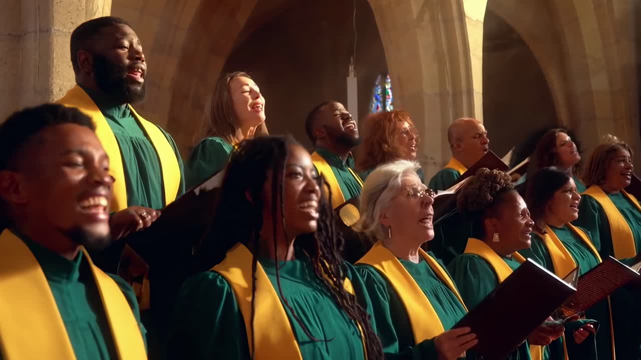 Un vivace coro che canta in una chiesa, ripreso da un angolo laterale. Perfetto per un video gioioso.