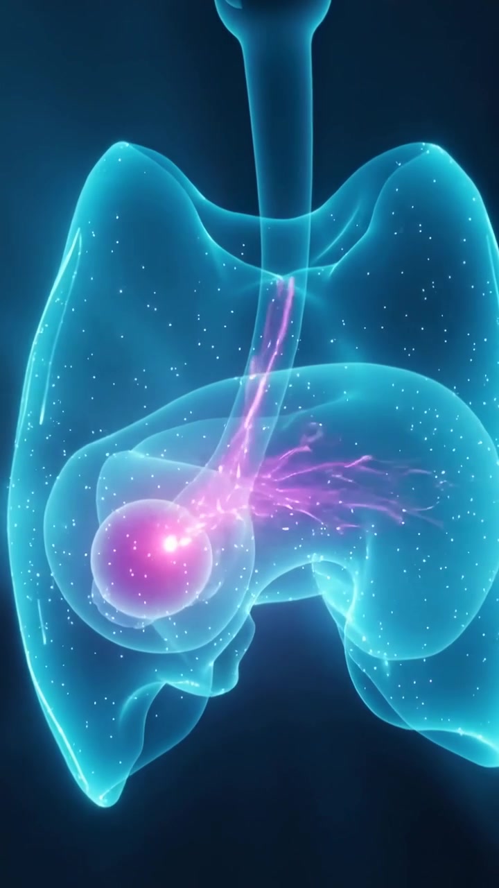 Vertical video: Pulsing pink sphere linking to airway, sending tendrils through cyan lungs in 3D