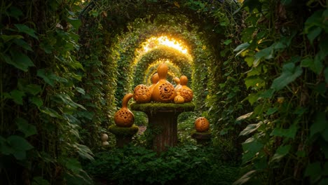 a serene garden passage enhanced with artistic gourds surrounded by lush greenery and soft sunlight, creating a magical atmosphere of nature's beauty