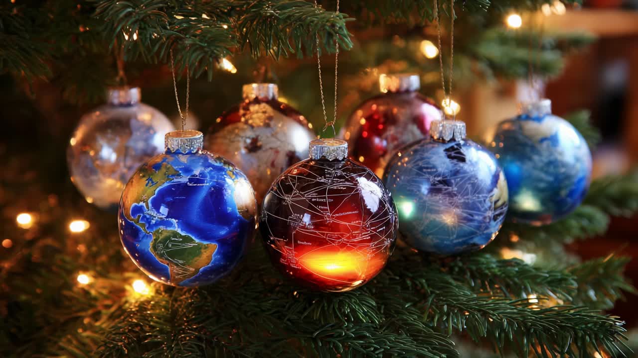 A Festively Decorated Christmas Tree Adorned with Unique and Artistic Glass Ornaments Depicting Various Global Themes and Stunning Natural Landscapes, Illuminated by Warm Holiday Lights