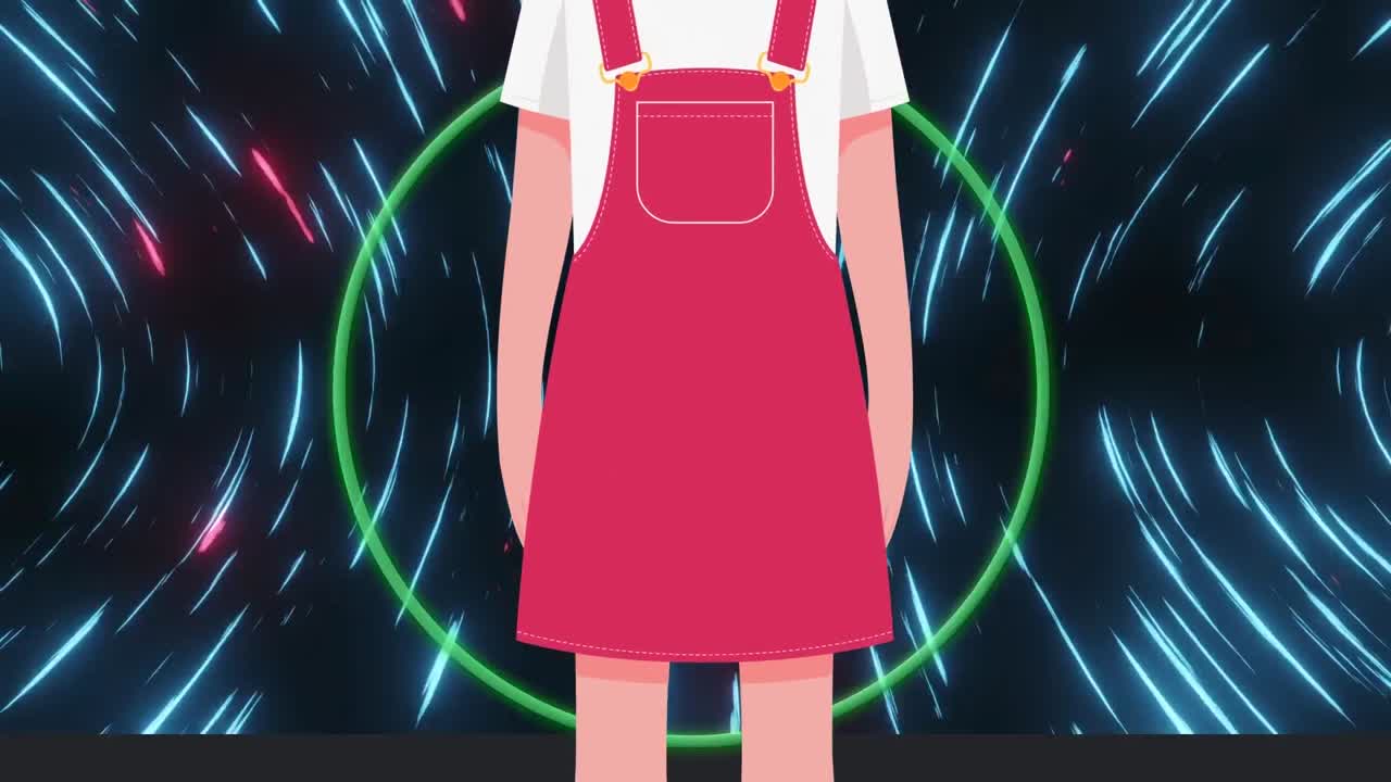 움직이는 모양 위에 얼굴 마스크 아이콘을 가진 소녀의 애니메이션