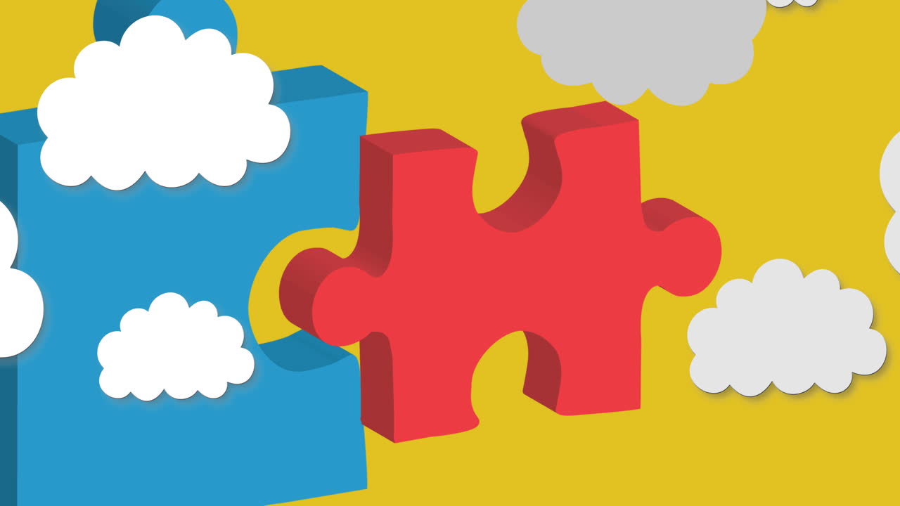 animación de rompecabezas de concienciación sobre el autismo rojos y azules con nubes blancas en amarillo