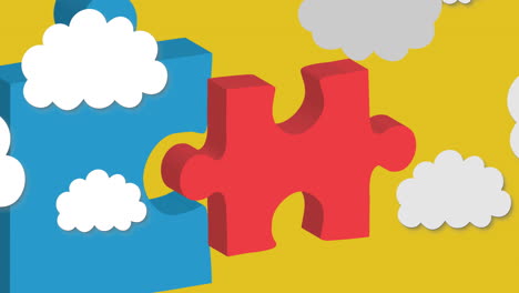 animación de rompecabezas de concienciación sobre el autismo rojos y azules con nubes blancas en amarillo