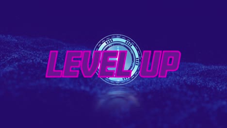 Animation-of-level-up-text-banner-over-ticking-clock-and-digital-wave-against-blue-background
