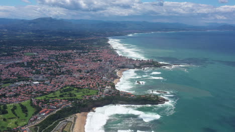 biarritz city high aerial shot french basque coastline sunny day waves crashing