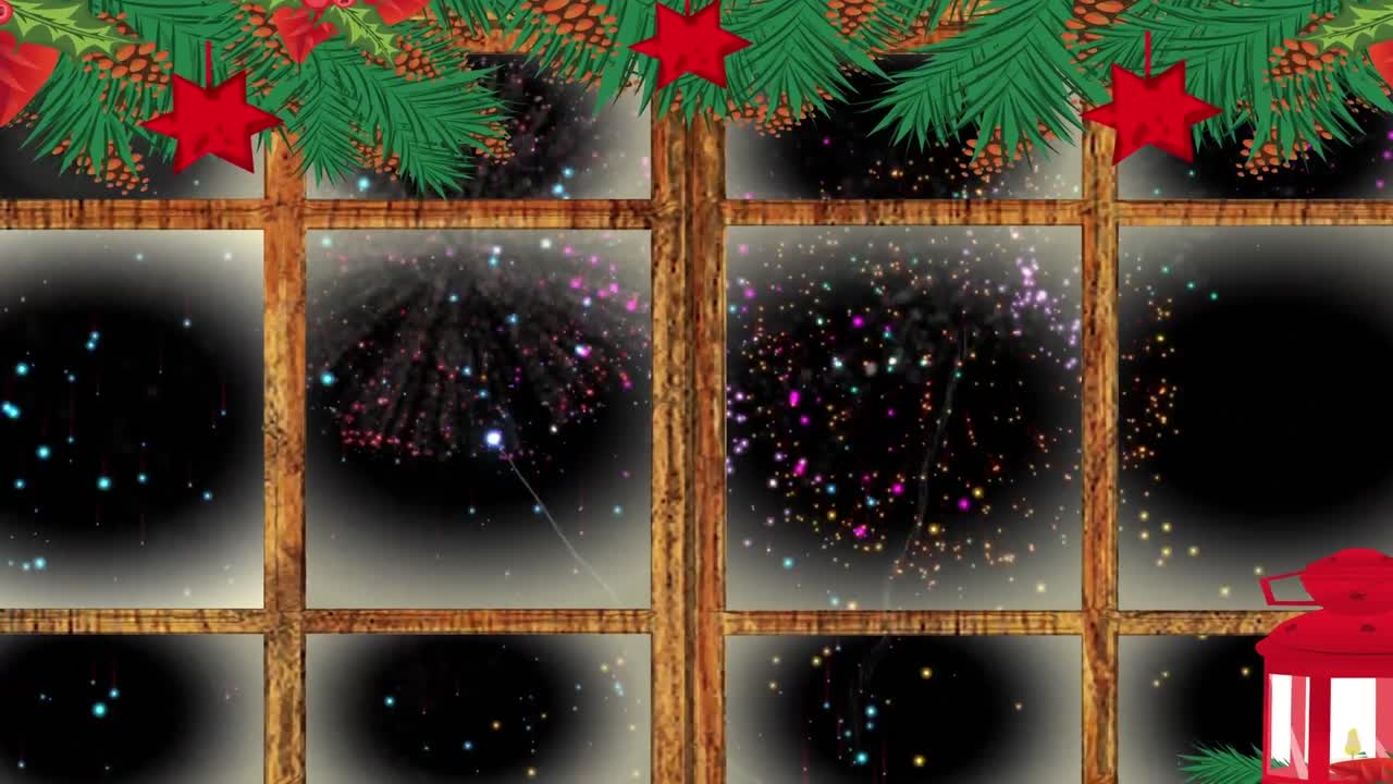 lámpara de navidad, decoraciones y marco de ventana de madera contra los fuegos artificiales de colores explotando