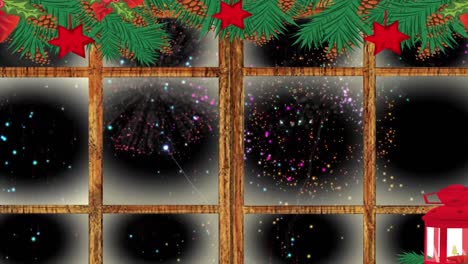 lámpara de navidad, decoraciones y marco de ventana de madera contra los fuegos artificiales de colores explotando