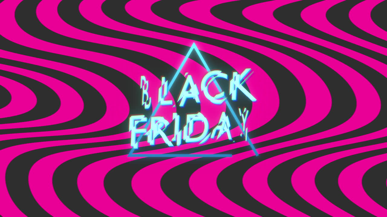 Black Friday con triangolo blu neon su motivo a onde rosse e nere
