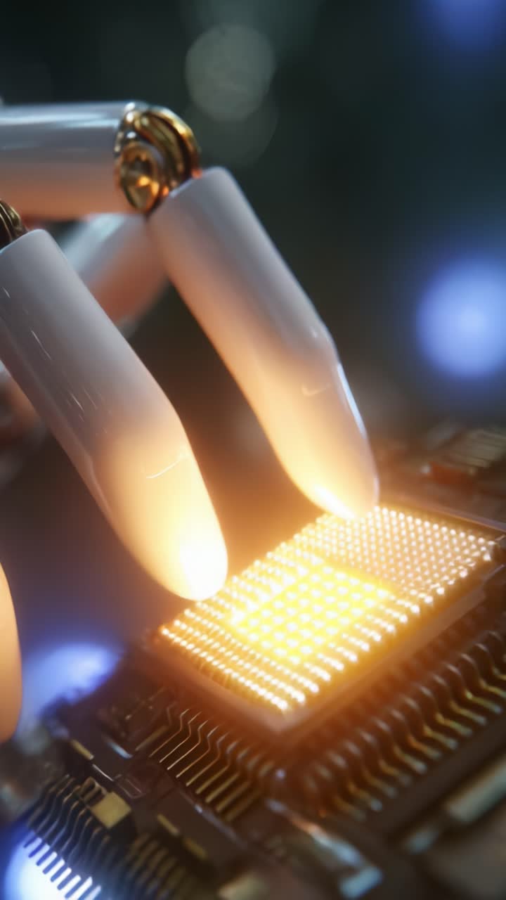 Interazione complessa tra mano robotica e microchip – Un primo piano di tecnologia avanzata che unisce la precisione umana con il futuro dell'elettronica