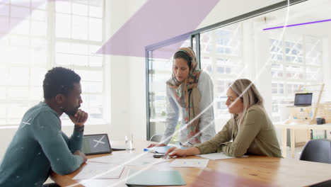 Animation-of-round-scanner-against-diverse-colleagues-discussing-over-documents-at-office