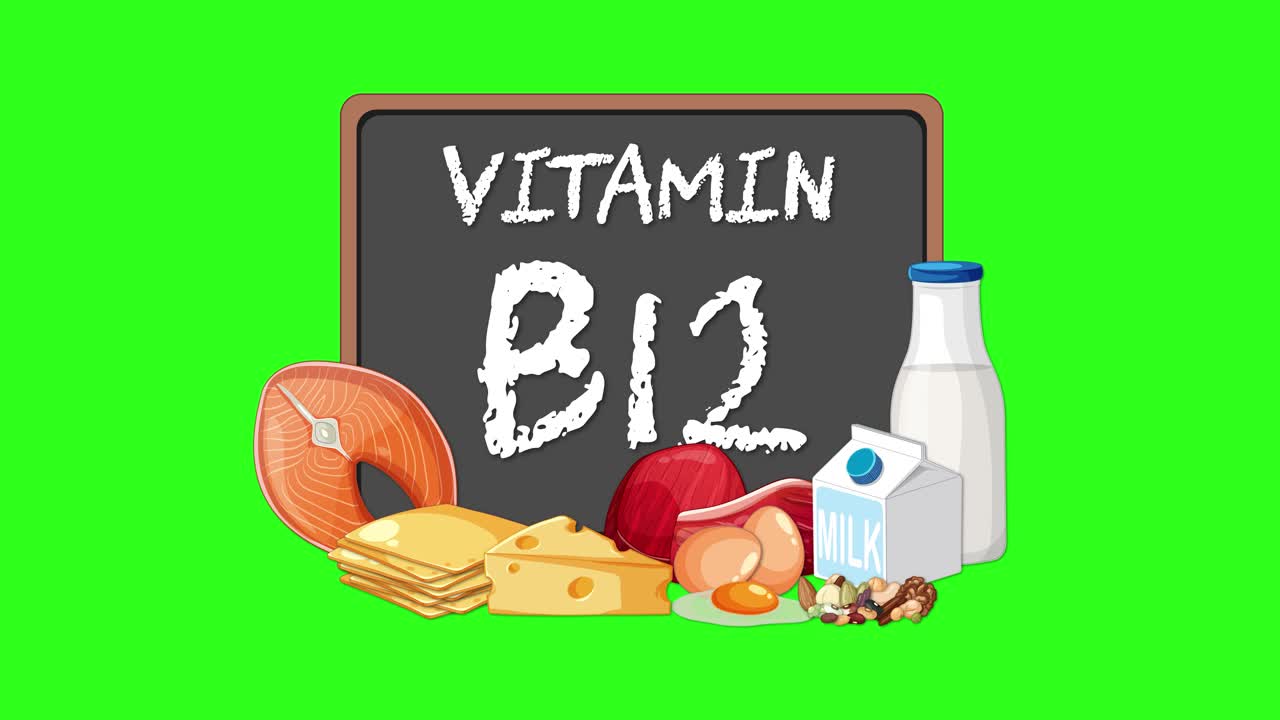 Animated chalkboard with Vitamin B12 text, surrounded by dairy, meat, eggs, and nuts, green background