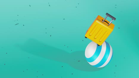 concepto de viaje y aventura. maleta girando en el bucle de la pelota de playa animación 3d