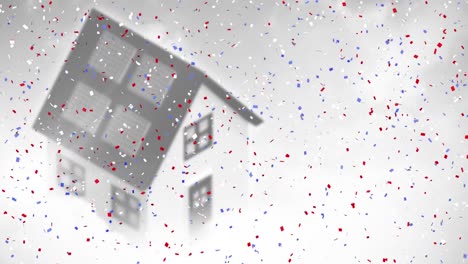 Animation-of-american-red,-white-and-blue-confetti-falling-over-black-and-white-house-and-cloudy-sky